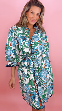 Ivy Jane | Blue Floral Scallop Front Dress (1 SMALL)