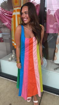 Rainbow Colorblock A-Line Midi Dress (LARGE)