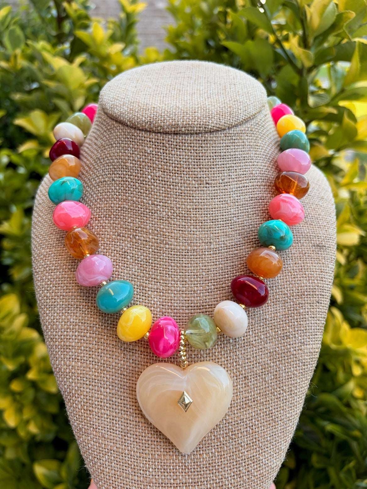 Multi Color Beaded Necklace w/ Heart Pendant