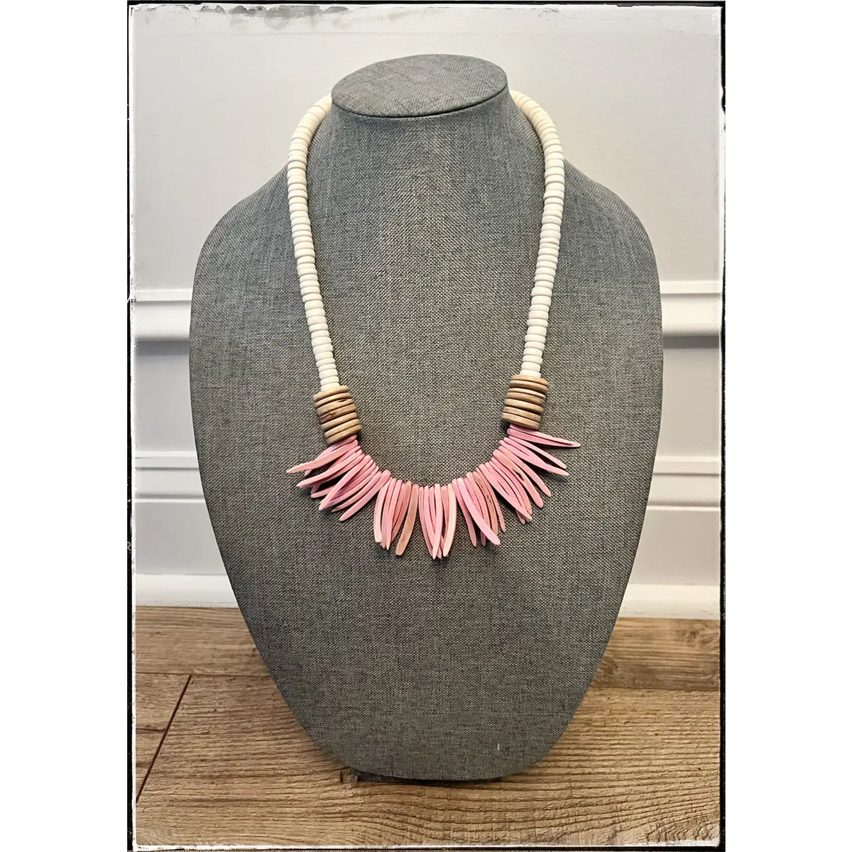 Pink & Tan Coconut Wood Disk Bead Necklace
