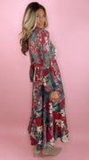 Current Air Wine Floral Notched Collar Midi Dress