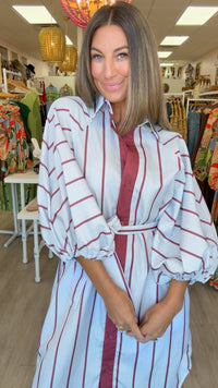Karlie | Burgundy Stripe Midi Shirt Dress