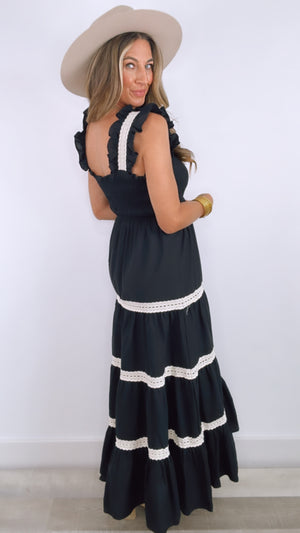 Black Lace Trim Tiered Maxi Dress (MEDIUM)