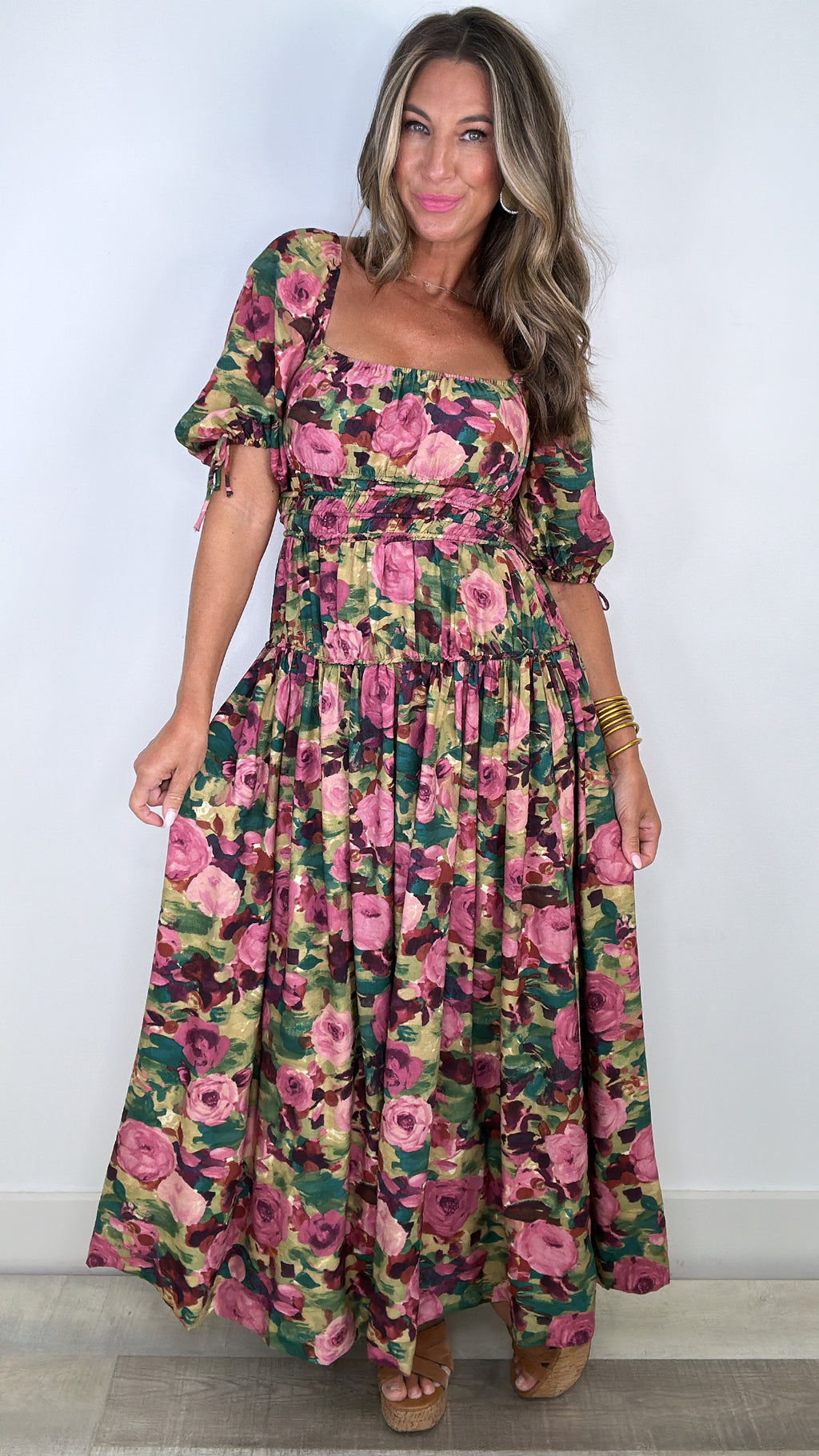 Moon River Olive Floral Print Tiered Midi Dress