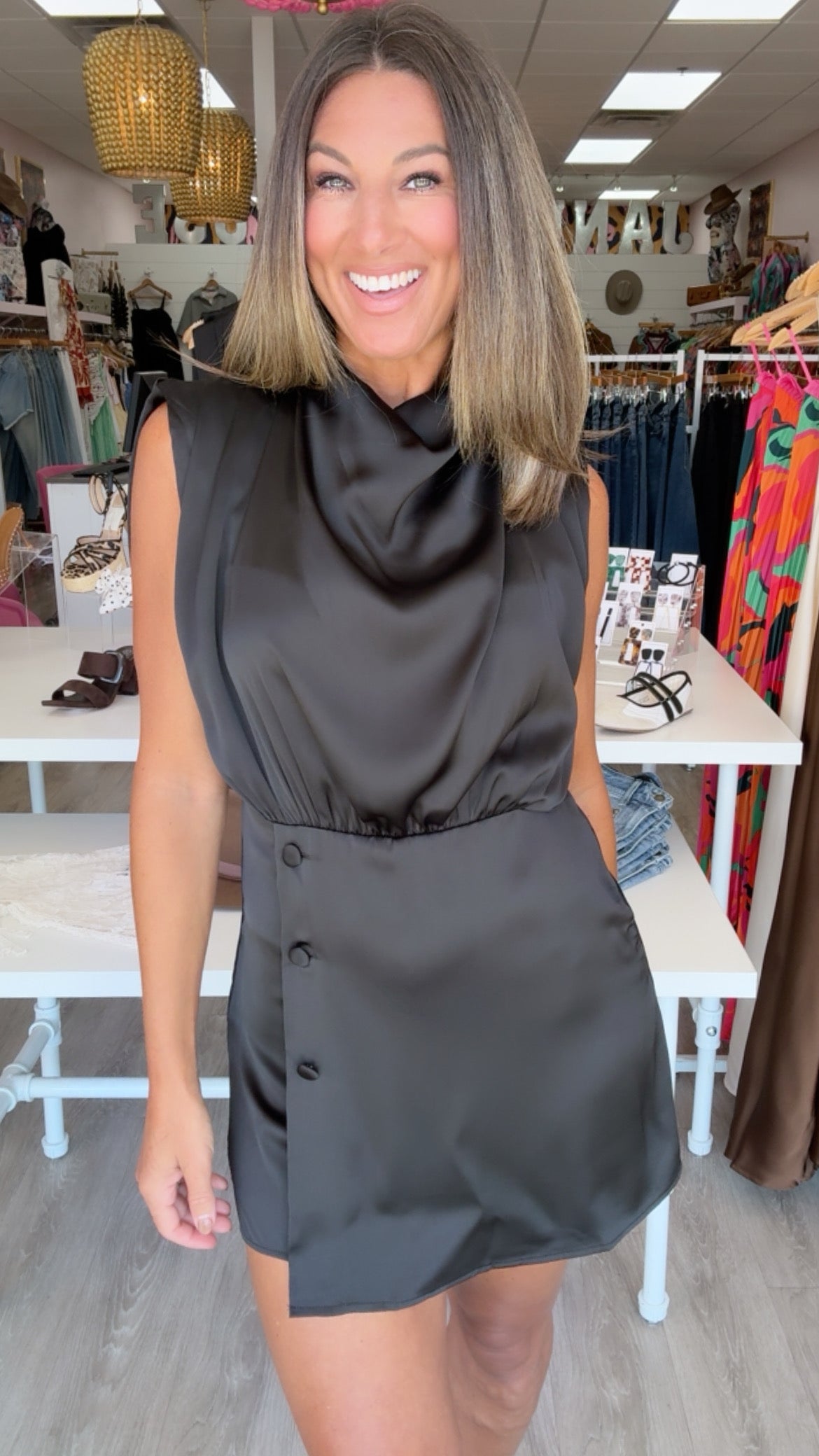 Karlie | Black Solid Satin Drape Romper *BEST SELLER* (1 SMALL)