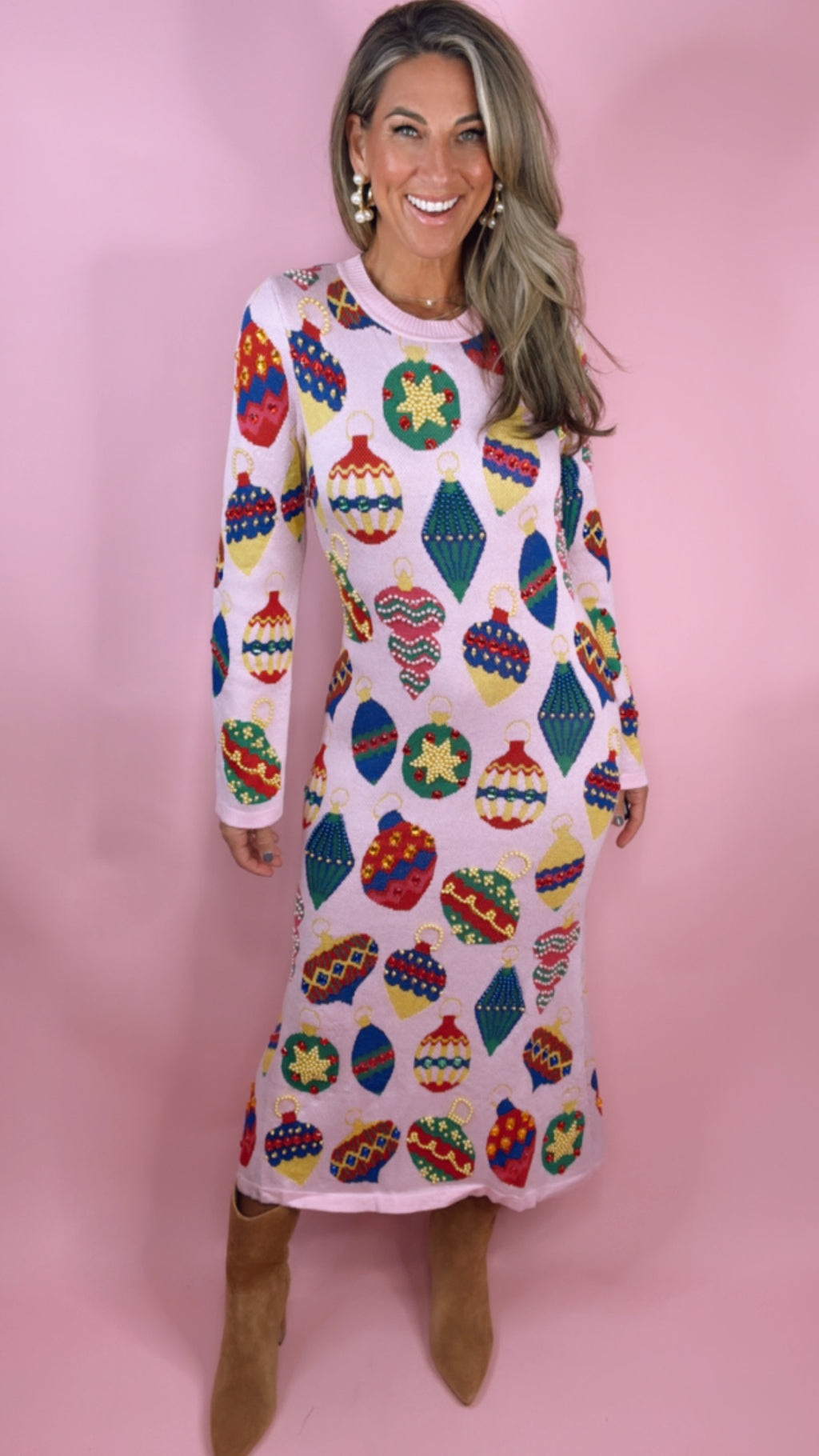 Queen of Sparkles Light Pink Multi Jeweled Ornaments Knit Midi Dress