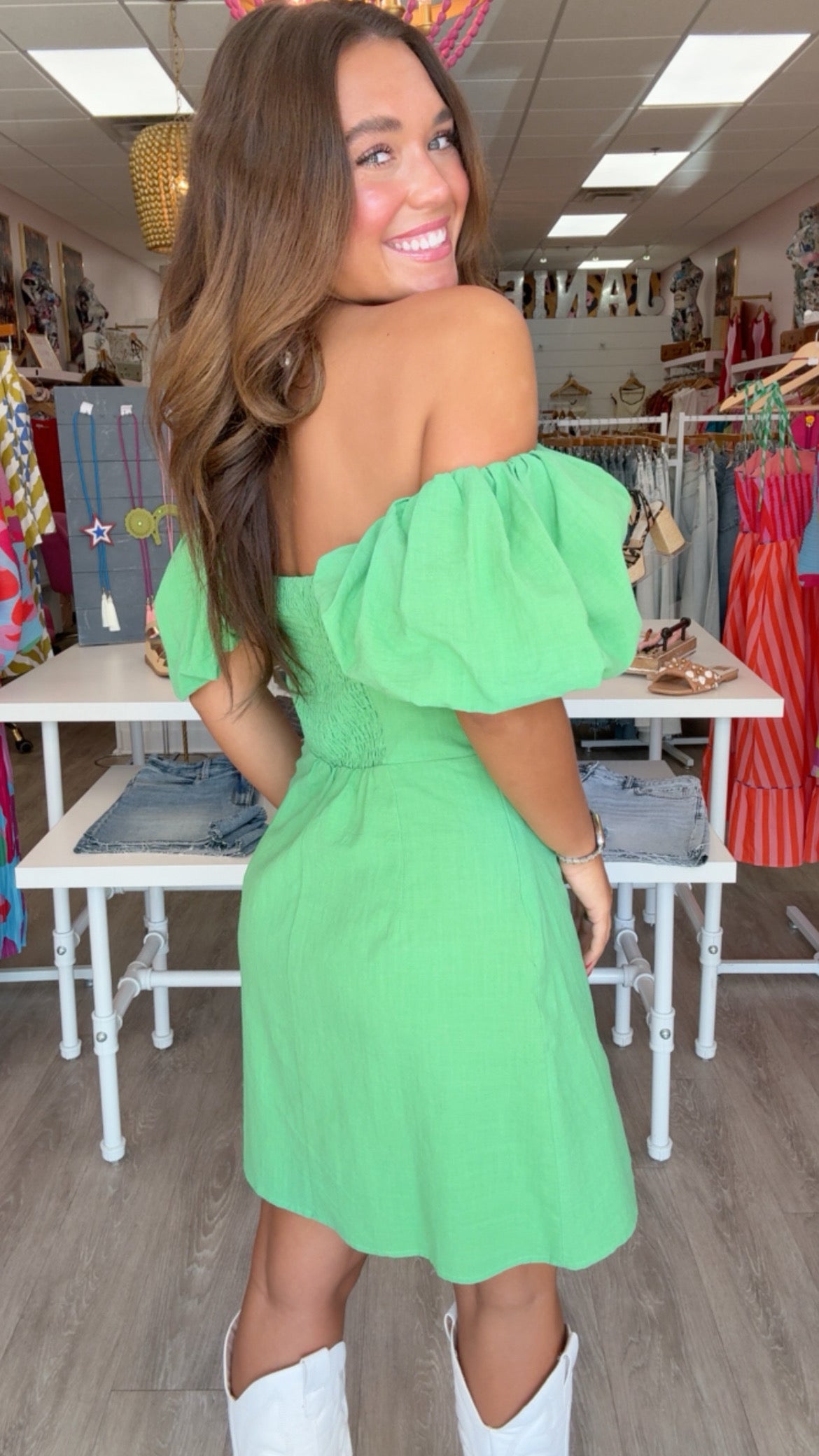 Green Off-Shoulder Embroidered Linen Mini Dress