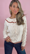 Ecru Crochet Collared Knit Sweater