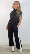 Black Mock Neck Boxy Top and Stripe Pants Set