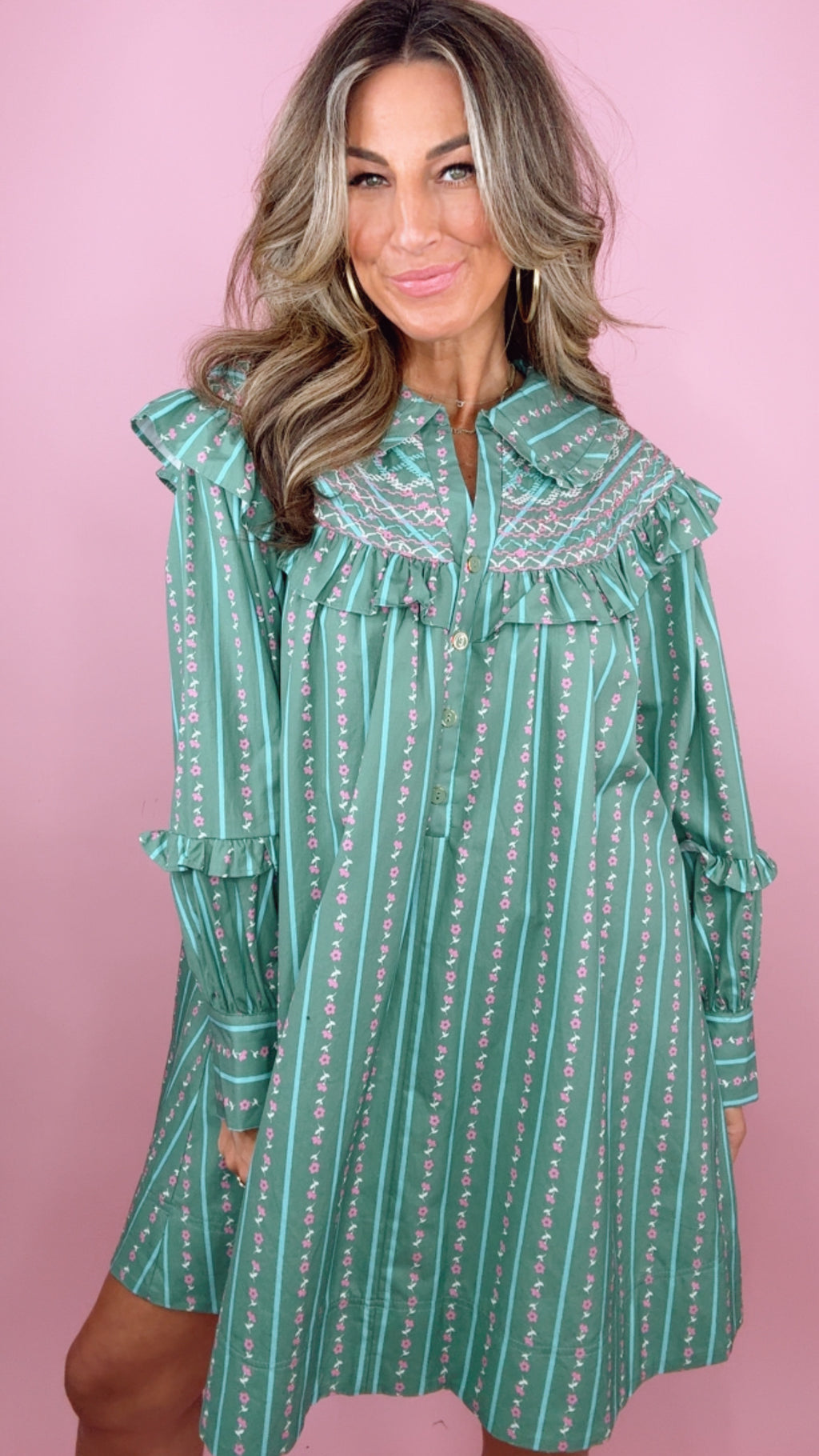 Karlie Green Floral Stripe Embroidered Peter Pan Collar Dress (1 SMALL)