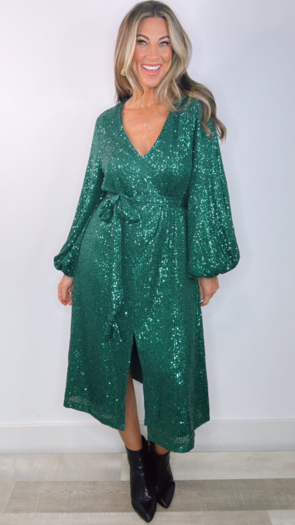 Green Sequin V-Neck Tie Waist Midi Dress