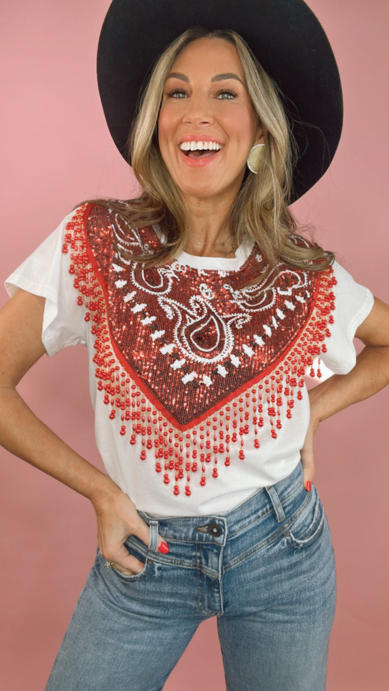 Queen of Sparkles Fringe Beaded Bandana Tee