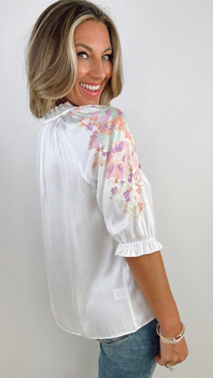 Current Air Split Neck Floral Embroidered Sleeve Top (XS)