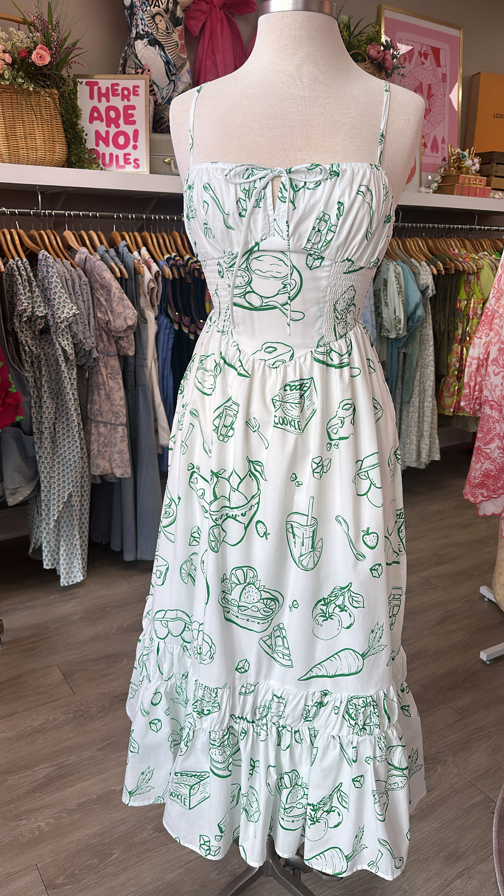 Doodle Line Print Smocked Waist Midi Dress