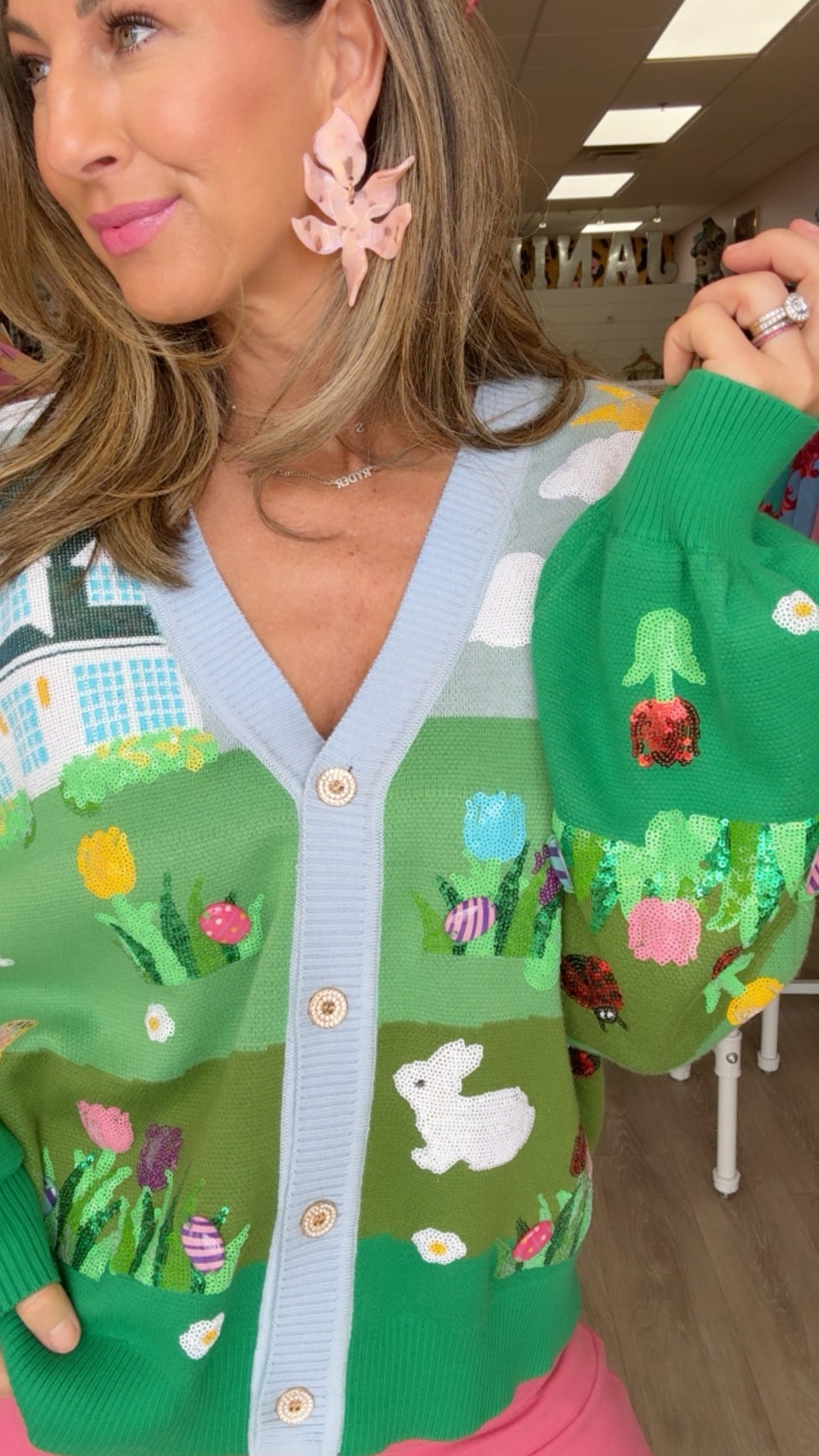 Queen of Sparkles Easter Bunny + Egg Yard Scene Cardigan