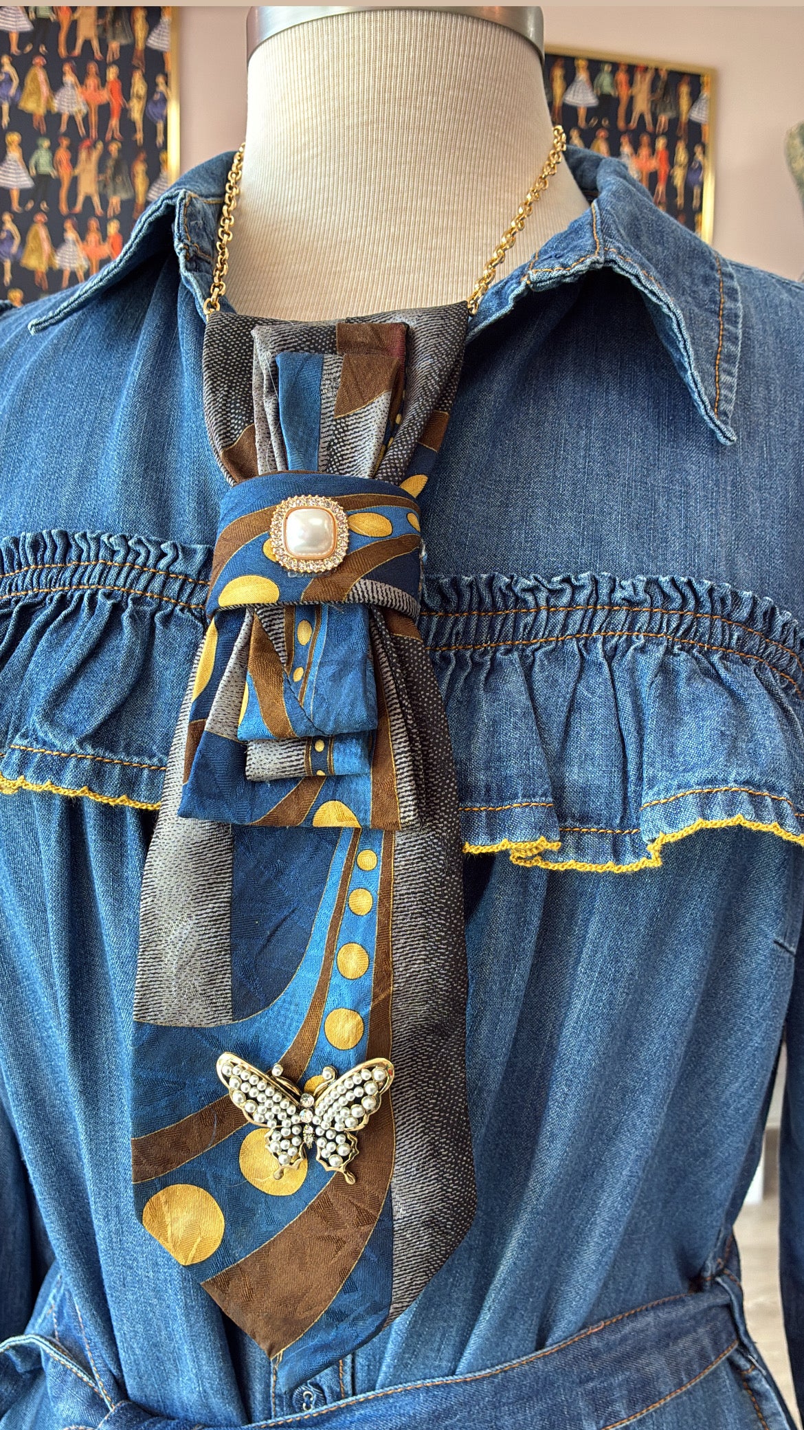 Tie Necklace | Funky Blues Tie + Pearl Brooches