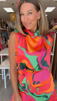 Karlie | Fuschia Swirl Satin Drape Romper *BEST SELLER*