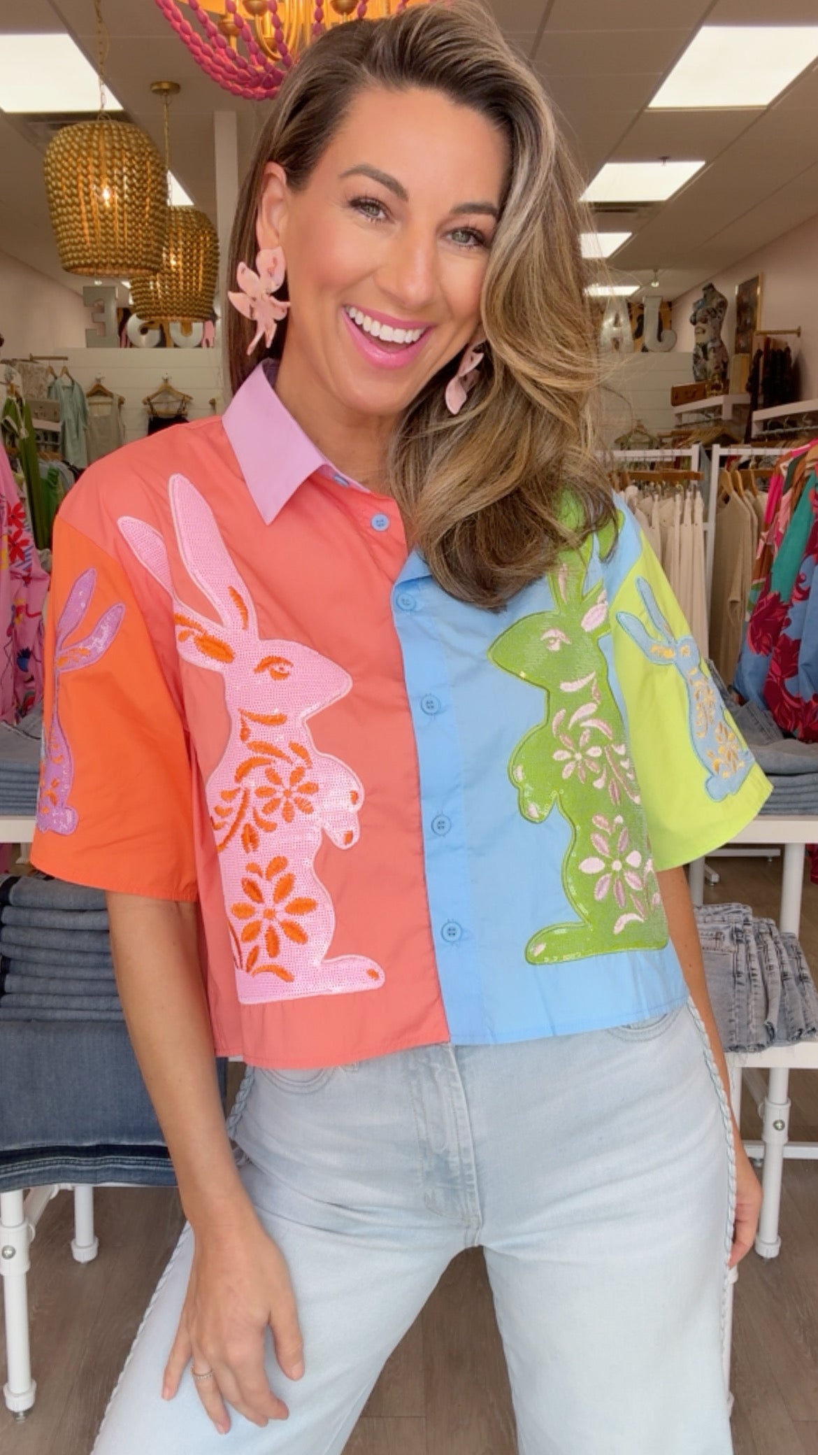 Queen of Sparkles Colorblock Easter Bunny Cotton Top (TOP ONLY)