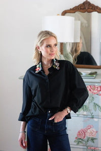 Karlie | Black Embellished Collar Poplin Top