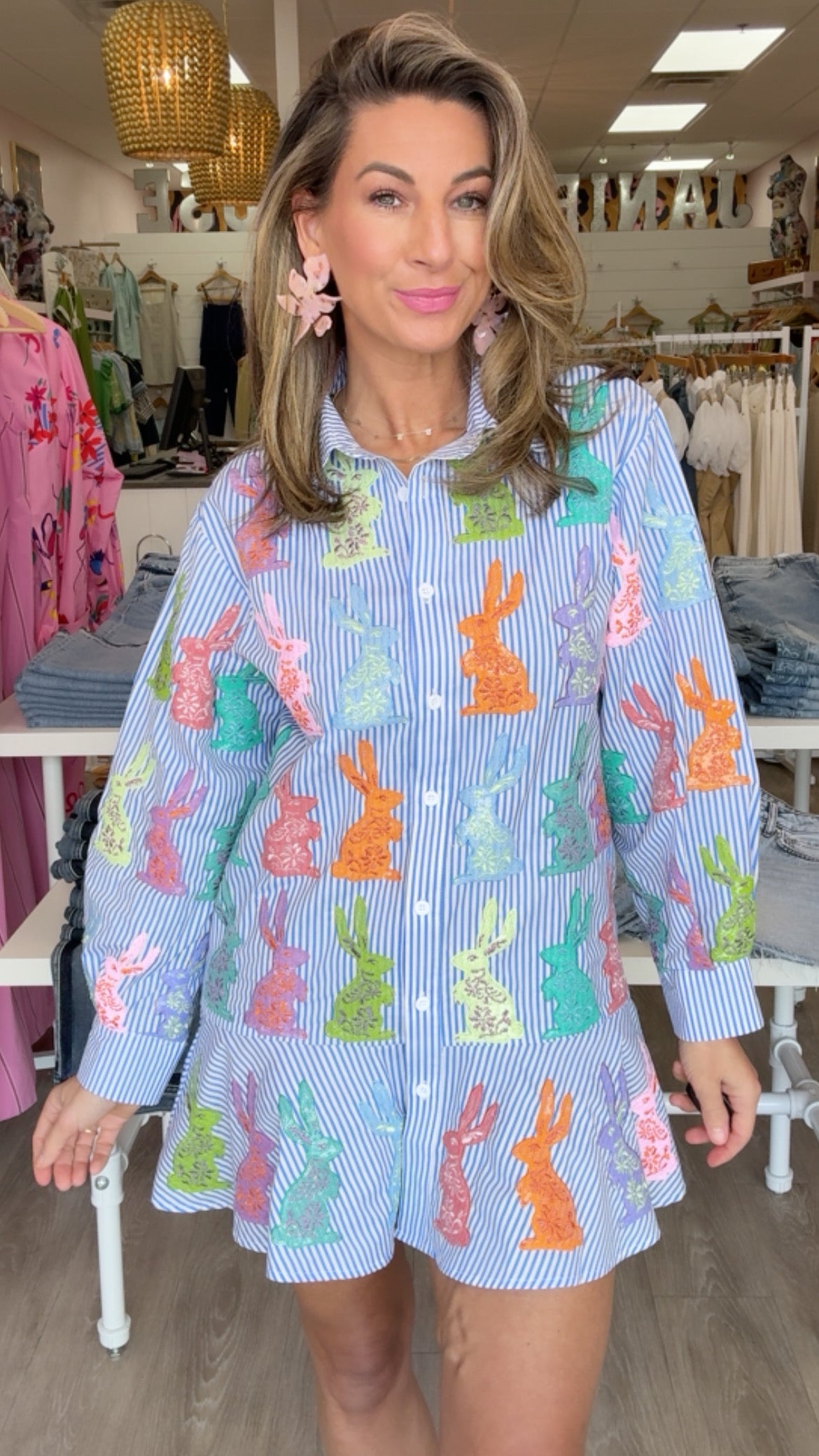 Queen of Sparkles Blue/White Striped Easter Bunny Button-Up Cotton Dress