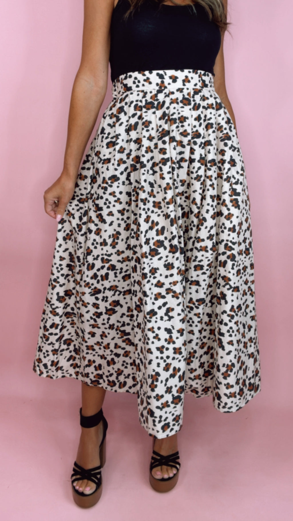 Ecru Leopard Pleated Midi Skirt