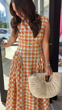 Plaid Basque Waist Midi Dress