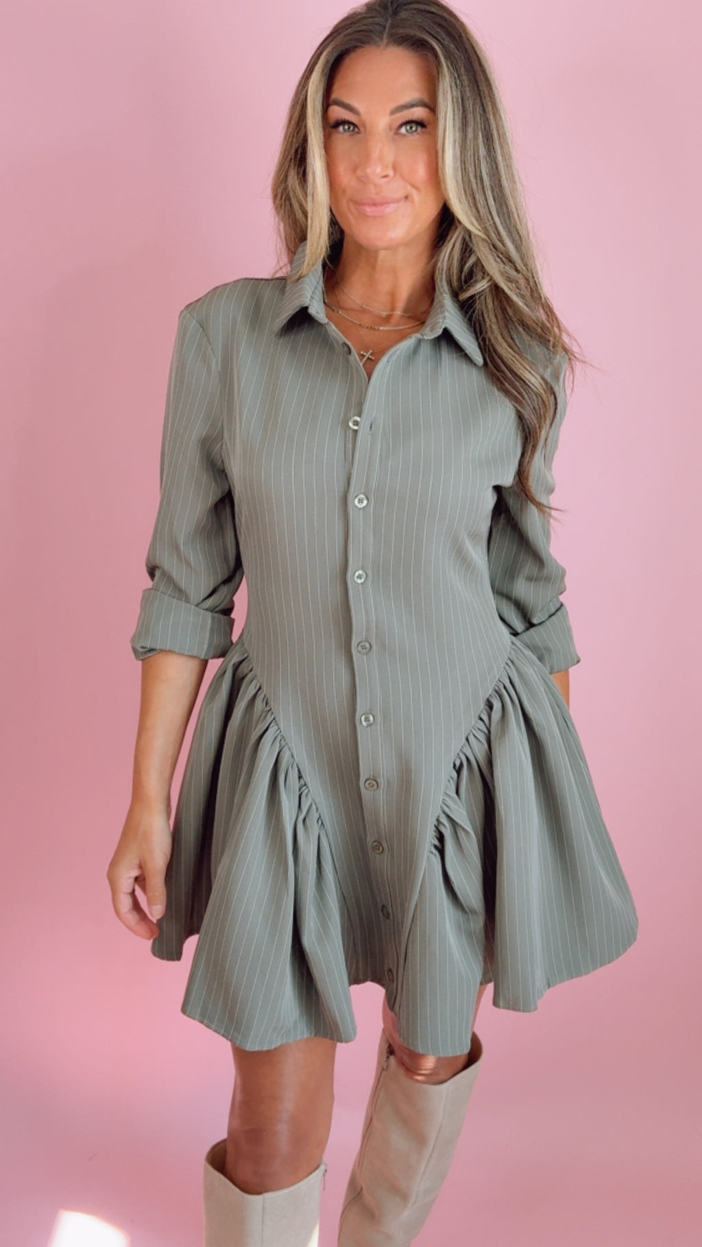 Cement Grey Striped Shirt Dress w/ Waist Details