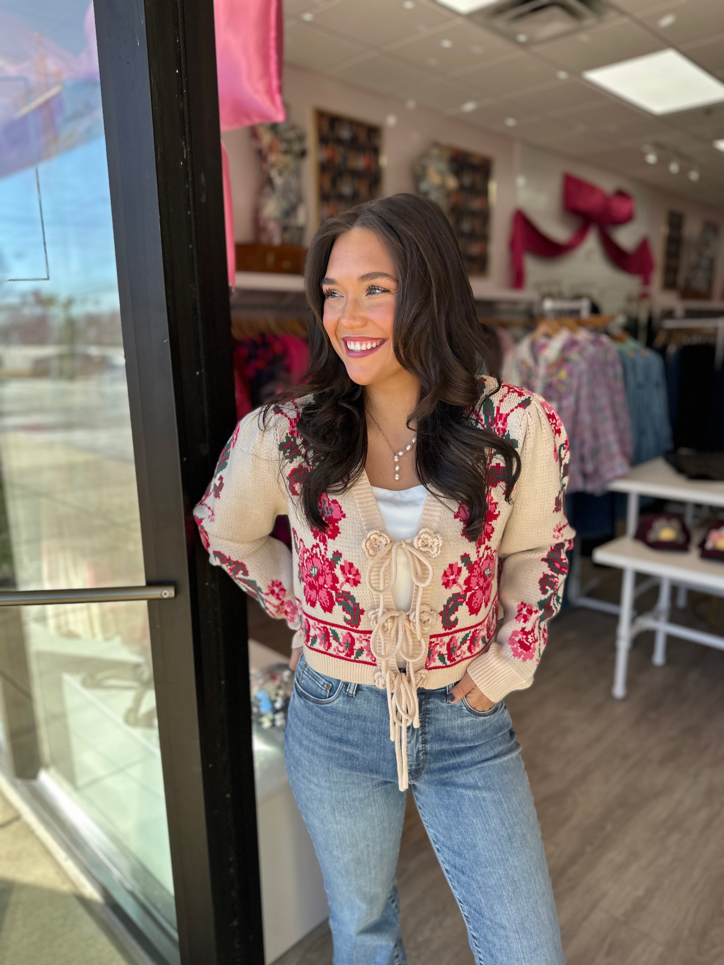 Floral Knit Tie Cropped Sweater Cardigan in Ivory (1 LARGE)