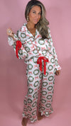 Satin Wreaths w/ Bows Red Velvet Trim Pajama Set