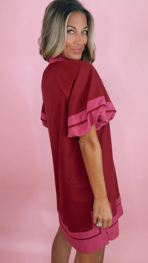Burgundy Solid Contrast Puff Sleeve Dress (1 SMALL)