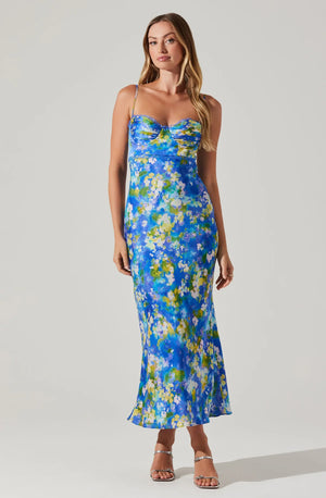 ASTR Florianne Blue and Yellow Floral Midi Dress (SMALL)