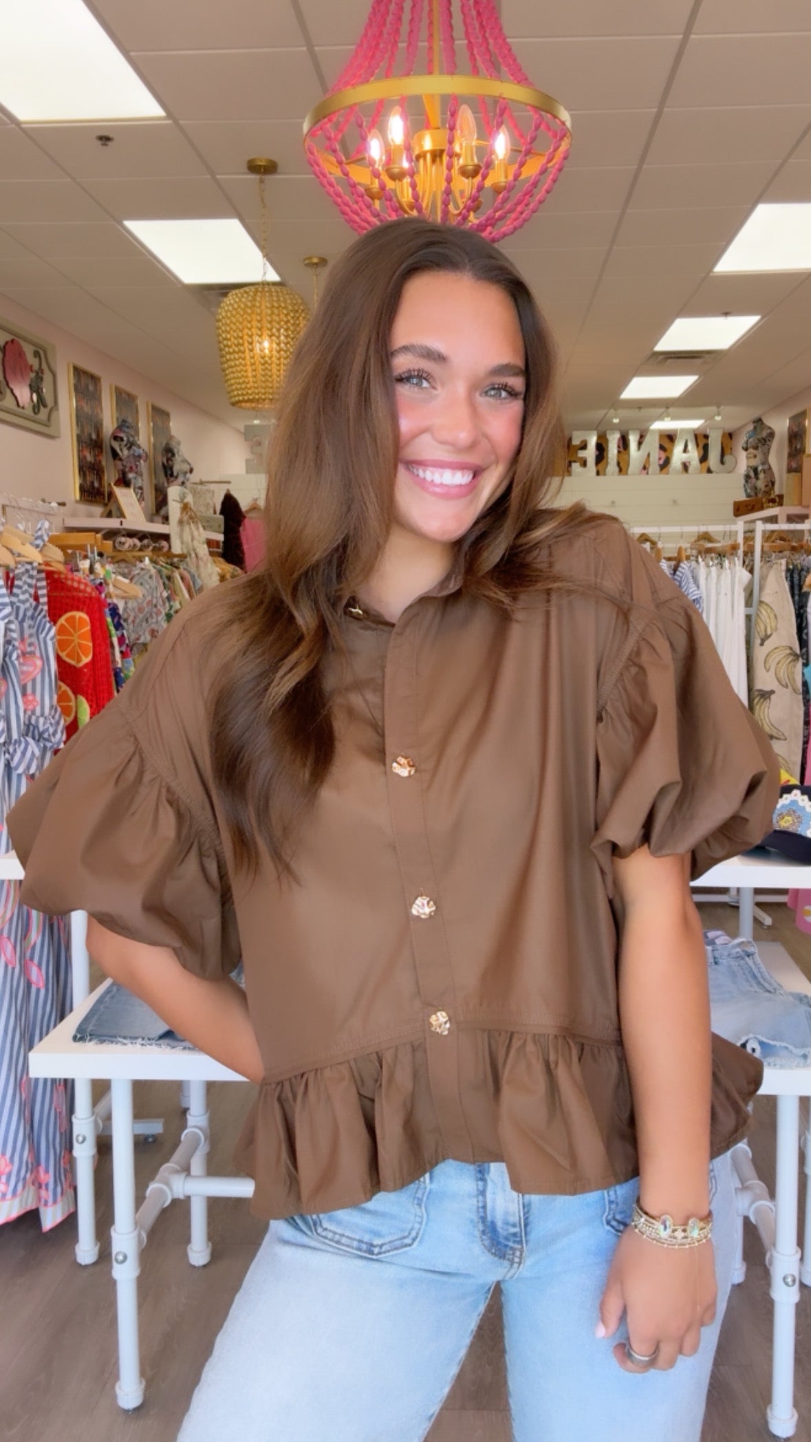 Brown Puff Slv Ruffle Top