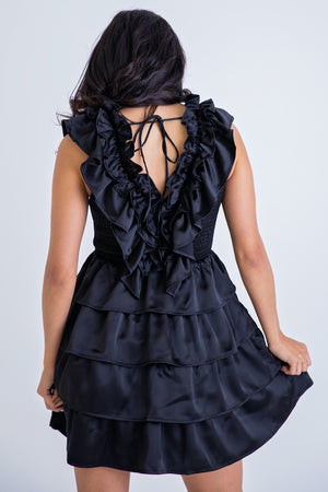 Karlie Black Satin Ruffle V-Neck Dress