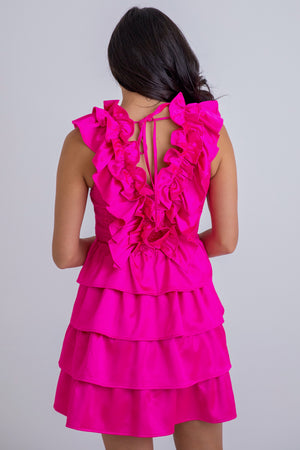 Karlie Pink Satin Ruffle V-Neck Dress (LARGE)