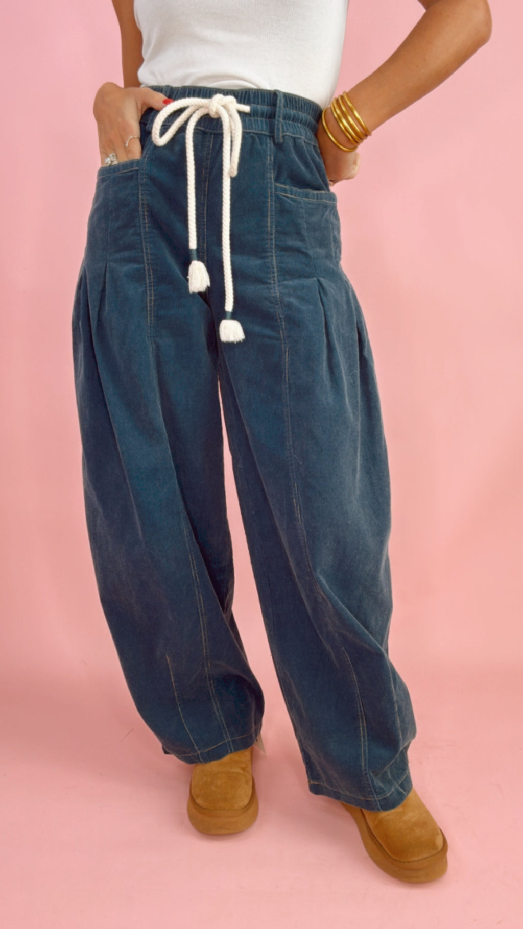 Blue Washed Corduroy Barrel Pants