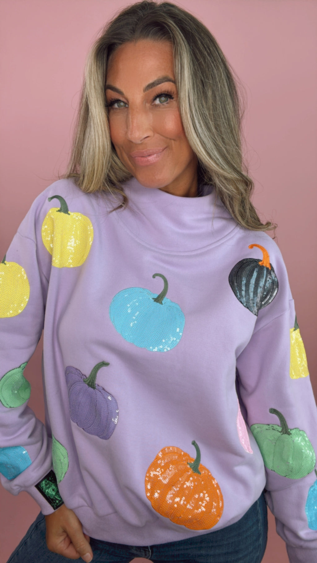 Queen of Sparkles Lavender Multi Pumpkin Mock Neck Sweatshirt