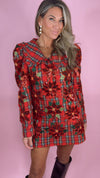 Queen of Sparkles Red Plaid Poinsettia Oversized Collar Puff Sleeve Dress