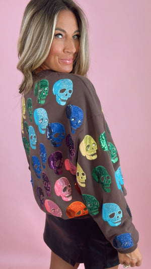 Queen of Sparkles Brown Rainbow Skulls Sweatshirt