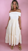Off The Shoulder Tiered Eyelet Hem Midi Dress