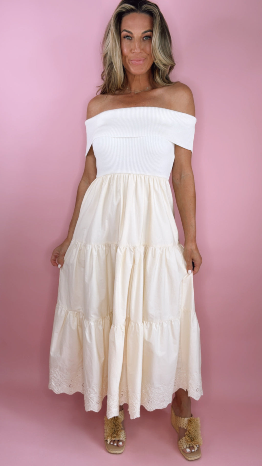 Off The Shoulder Tiered Eyelet Hem Midi Dress