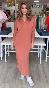 Buttery Soft Collared Long Sleeve Midi Dress in Rose (1 XS)