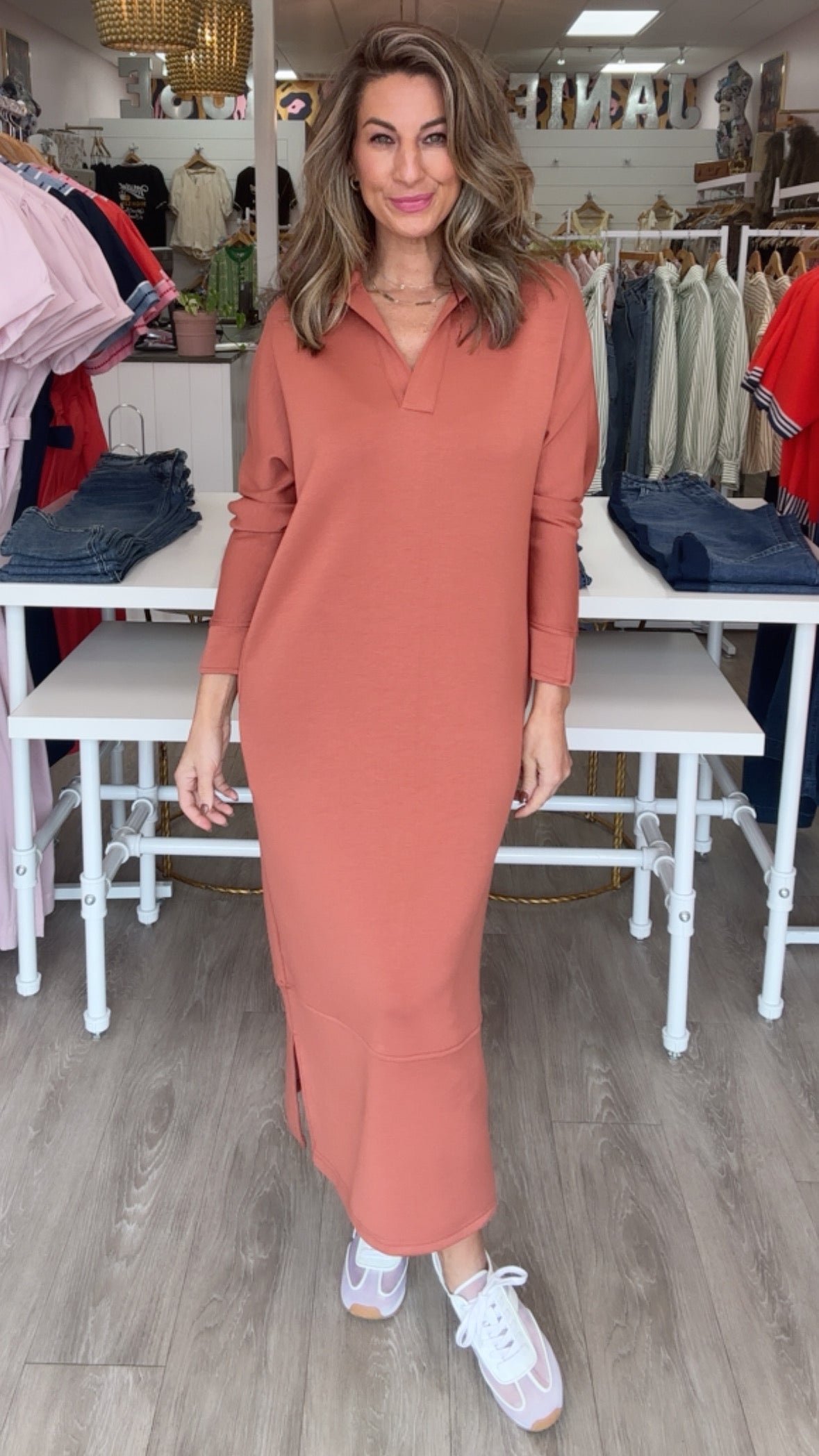 Buttery Soft Collared Long Sleeve Midi Dress in Rose (1 XS)