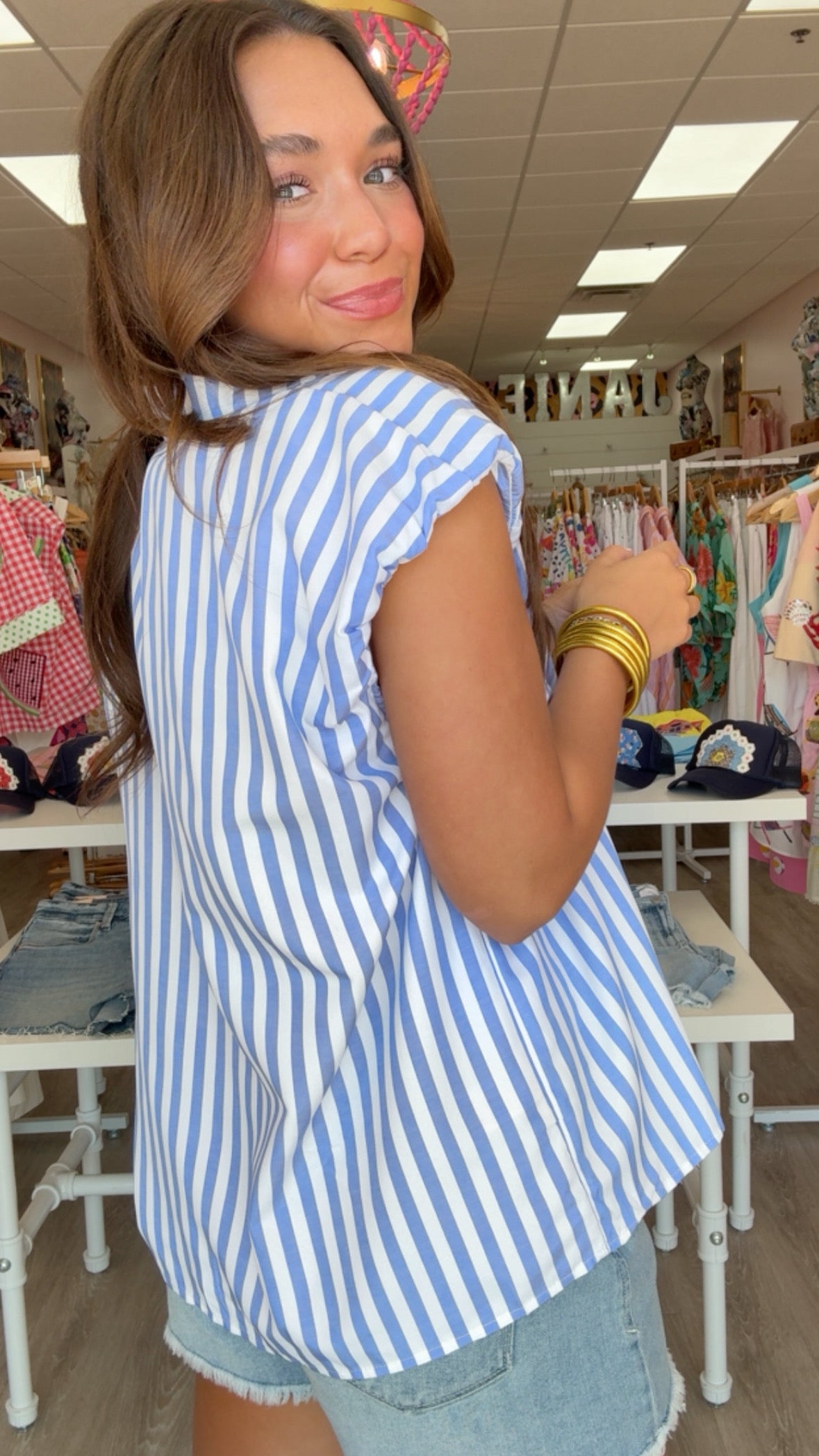Karlie | Blue Stripe Bubble Slv Button Up Top