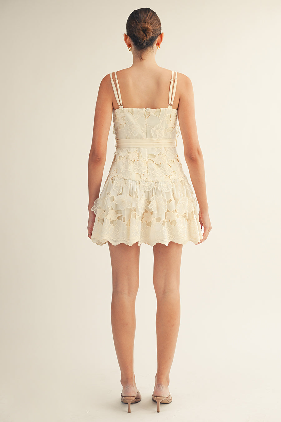 3D Floral Ruffle Mini Dress in Cream