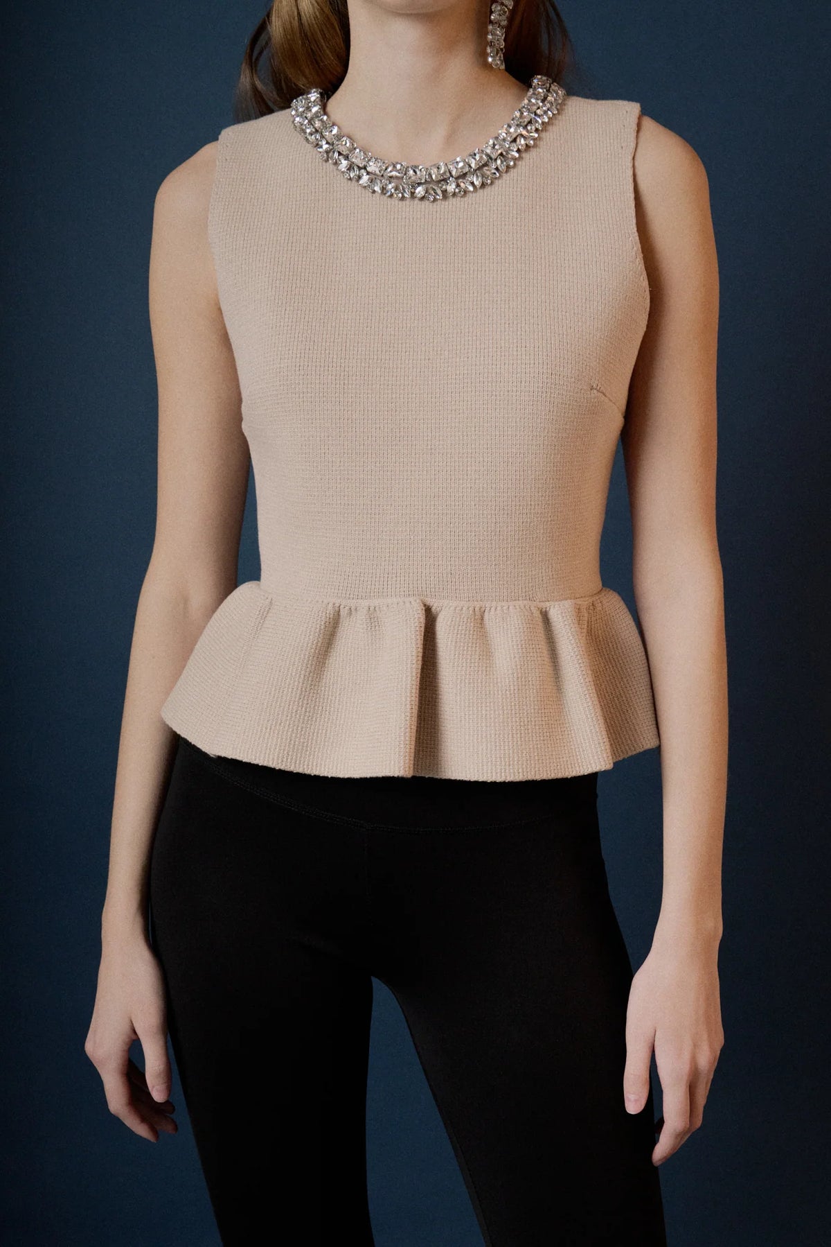 Endless Rose | Beige Jeweled Trim Neck Peplum Knit Top