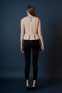 Endless Rose | Beige Jeweled Trim Neck Peplum Knit Top