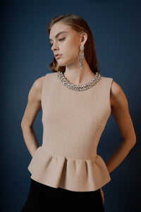 Endless Rose | Beige Jeweled Trim Neck Peplum Knit Top