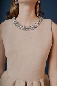 Endless Rose | Beige Jeweled Trim Neck Peplum Knit Top