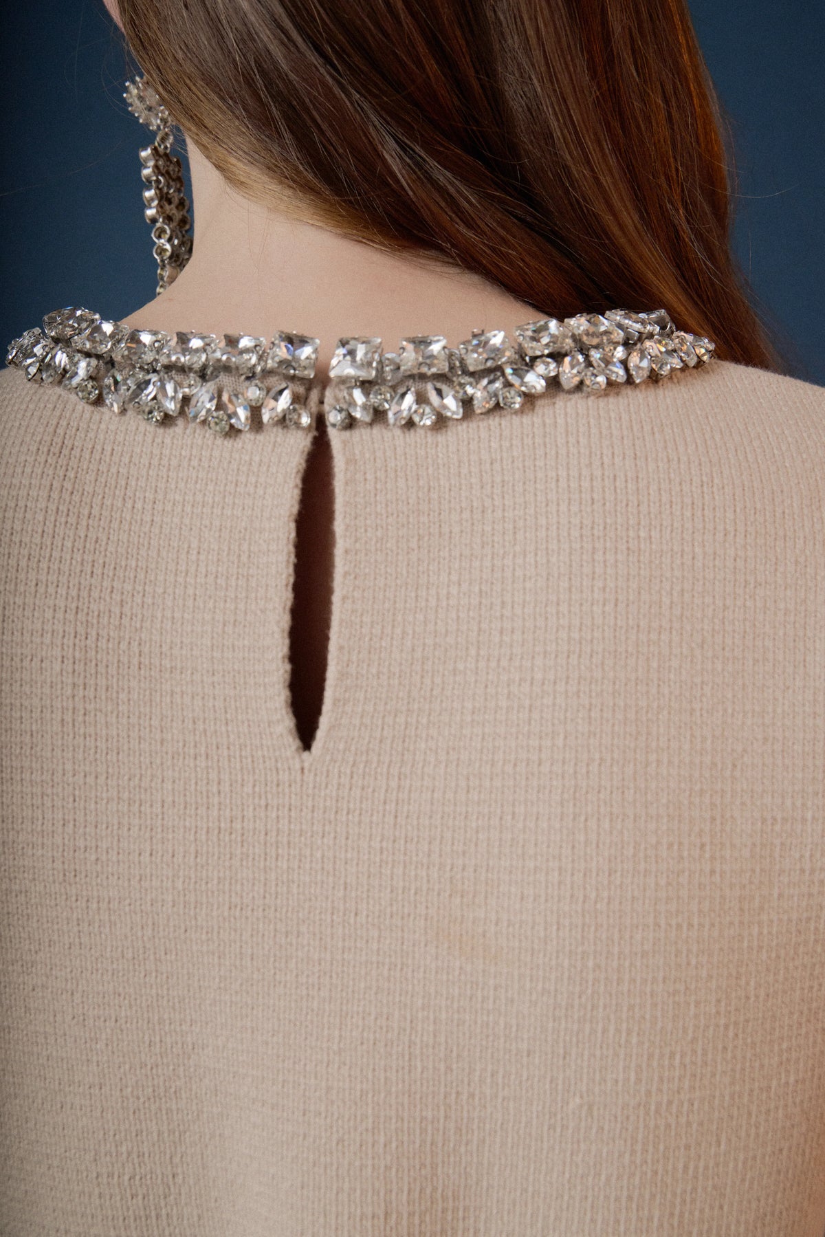 Endless Rose | Beige Jeweled Trim Neck Peplum Knit Top