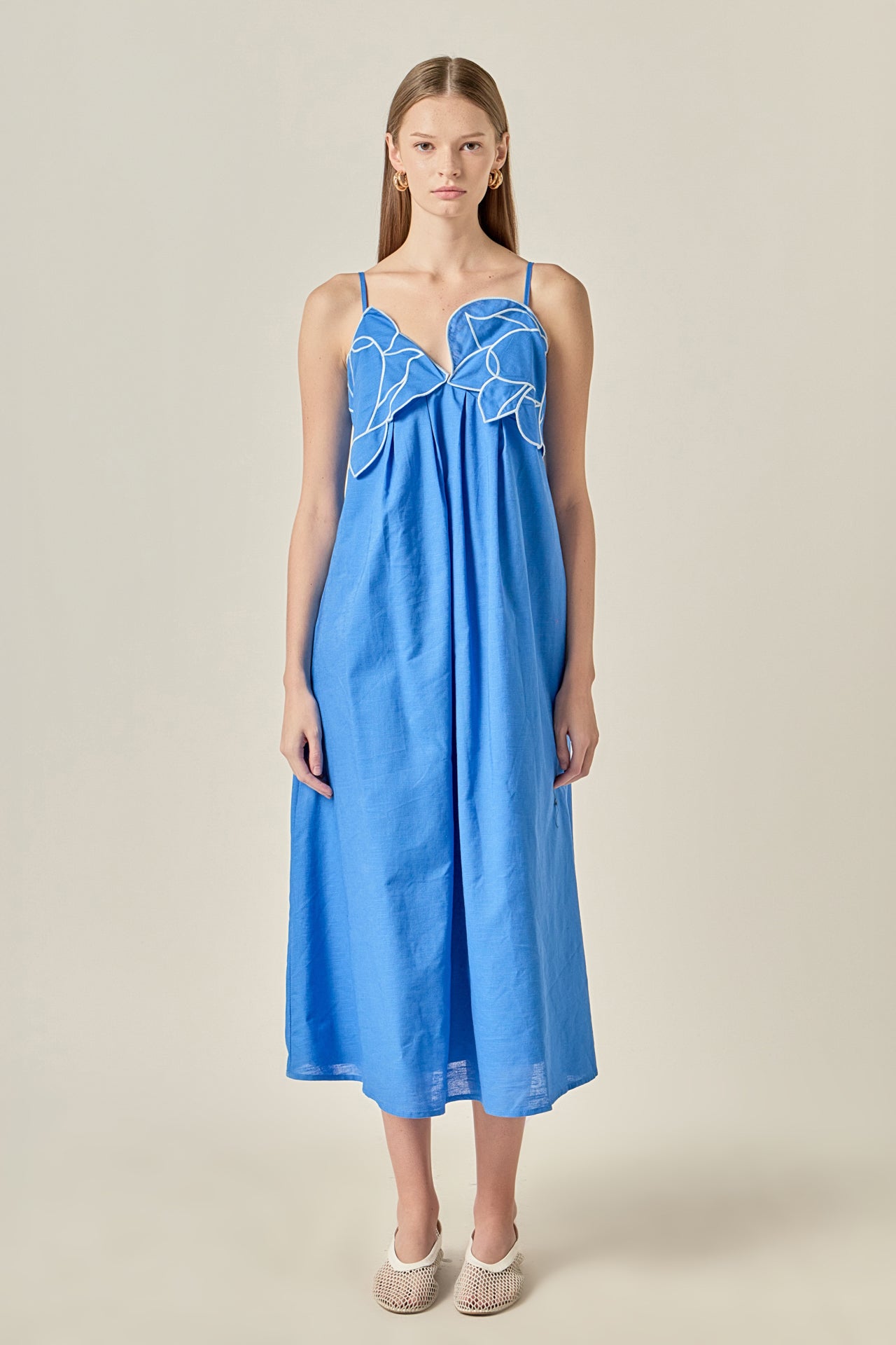 Blue Embroidered Bust + Pleat Maxi Dress